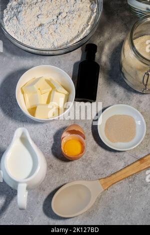 baking ingredients ob grey marble table, top view Stock Photo