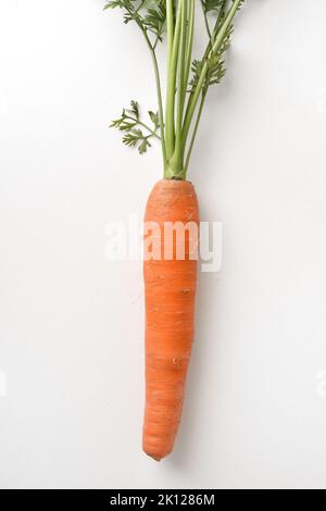 Detail of fresh carrot with leaves isolated on white table. Vertical composition. Stock Photo