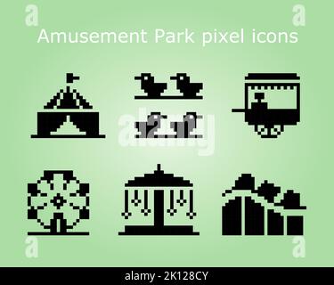 8 bit pixel the amusement icons in vector illustrations for cross stitch pattern and game assets. Stock Vector