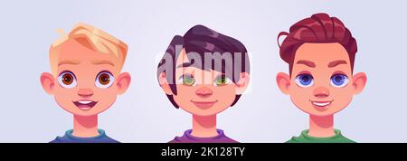 Boy face avatars, portraits of young male characters. Caucasian kids with blond, black and ginger hair, brown, blue and green eyes. Cartoon smiling teen or preteen characters, Vector illustration Stock Vector