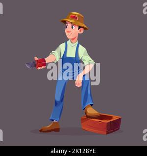 Man gardener in hat with secateurs and wooden crate isolated on background. Farmer character taking care of garden, pruning plants and shrubs with shears, vector cartoon illustration Stock Vector