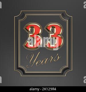 Red inscription  thirty-three years (33 years) with gold edges on a dark background with gold edging. Anniversary number template elements for your bi Stock Photo