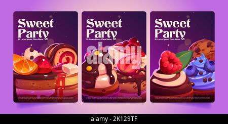 Sweet party posters, bakery or confectionery shop tasting event, invitation flyers with desserts, sweets, cakes, muffins and cupcakes with fruits, berries and toppings, Cartoon vector ads illustration Stock Vector