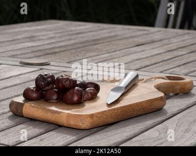 Chestnuts on a wooden board, a wooden table and a sharp knife Stock Photo