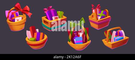 Gift hampers, boxes lying in baskets with envelopes. Chocolate and wrapped presents for valentines, birthday, anniversary of boxing day celebration. Isolated festive kits Cartoon vector illustration Stock Vector