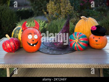 lot of various painted decorative colored pumpkins prepared for Halloween lie on the table in the garden as decoration for the holiday Stock Photo