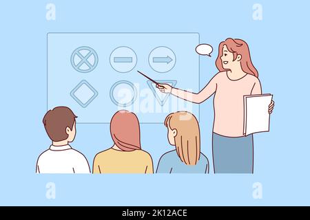 Female teacher make presentation in automotive courses. Woman tutor talk explain at lesson in driving school to pupils or students. Vector illustration.  Stock Vector