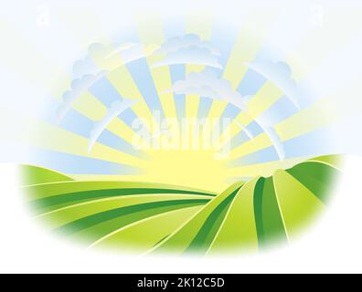 Rolling Hills Field Sunrise Sky Farm Landscape Stock Vector