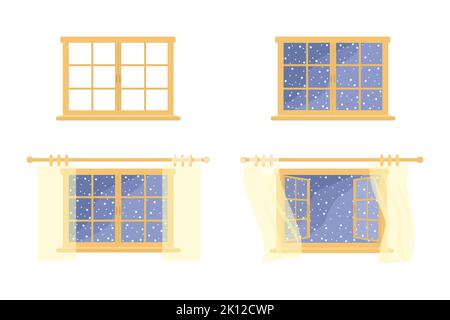 Set of open and closed windows on white background. Cartoon flat style. Home interior concept. Vector illustration Stock Vector