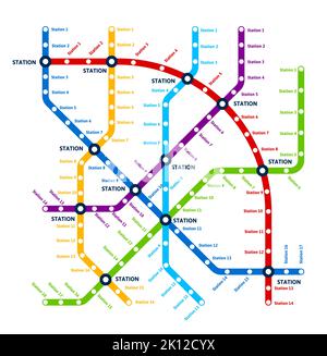 Metro, underground transport scheme map, urban subway system. Vector plan with colorful lines and city railway stations. Railroad route layout of public passenger transport train tracks information Stock Vector