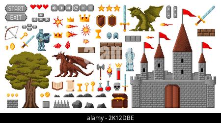 8bit pixel game asset, medieval knight, castle, armor, swords and dragon, menu interface buttons. Vector pixelated fantasy RPG isolated objects and sprites. Heroes, palace, treasure or weapon Stock Vector