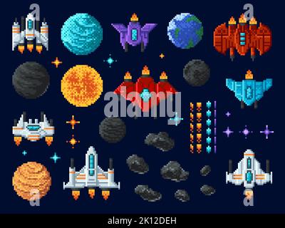 Arcade shooter 8 bit pixel art game, space invaders, alien UFO rockets, vector icons. Galaxy shooter arcade game and pixel 8bit assets of spaceships and stars, space planets and cosmic asteroids Stock Vector