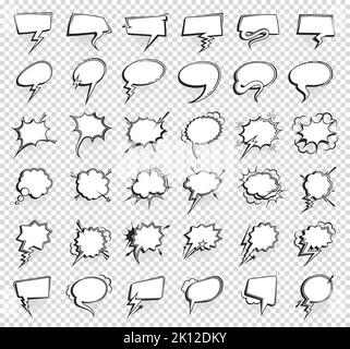 Comic speech bubbles, isolated think and talk balloon clouds, cartoon vector. Comic speech dialog icons, blank empty message chat dialogue, speak or thought bubble templates, pop art sound balloons Stock Vector