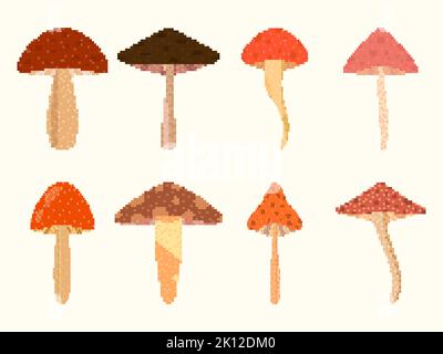 Pixel mushrooms icons set isolated on white background. Collection of mushrooms in 8 bit 2d style. Design for games, applications, banners and posters Stock Vector