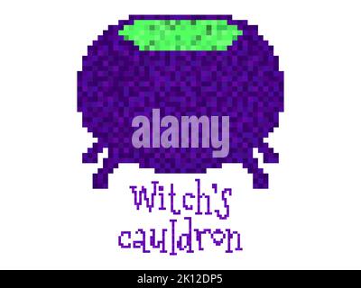 Witch cauldron in pixel art style. Halloween witch cauldron in 8-bit 90s video game style in 2D. A cauldron for brewing potions. Design for applicatio Stock Vector