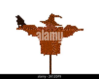 Scarecrow with crow in pixel art style isolated on white background. Halloween scarecrow in 8-bit 90s video game style in 2D.  Design for applications Stock Vector