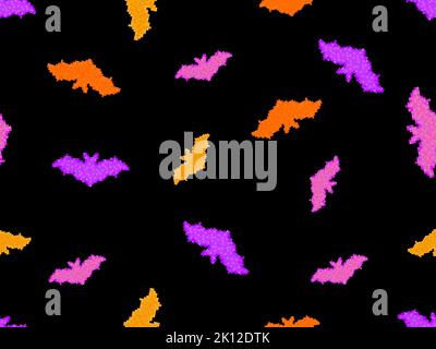 Pixel bats seamless pattern. Halloween background with bats in pixel art style. Retro 8-bit video game of the 90s in 2D. Design for games, apps, banne Stock Vector