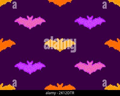 Pixel bats seamless pattern. Halloween background with bats in pixel art style. Retro 8-bit video game of the 90s in 2D. Design for games, apps, banne Stock Vector