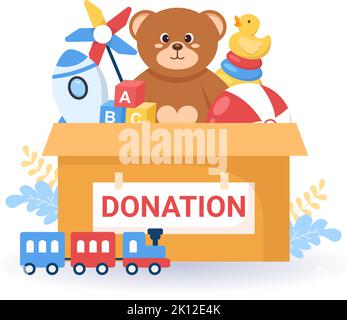 Cardboard Donation Box Containing Toys for Children, Social Care, Volunteering and Charity in Hand Drawn Cartoon Flat Illustration Stock Vector