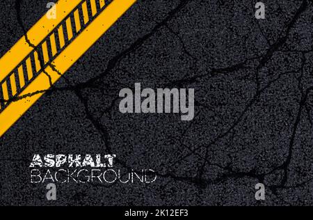 Asphalt road background texture with cracks pattern, vector yellow street line. Road black tarmac surface, highway bitumen or asphalt grunge pavement with cracked tar stone and traffic lane marking Stock Vector