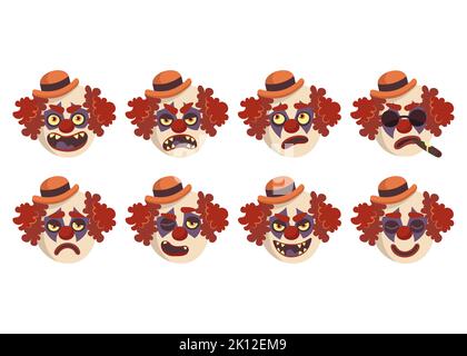 flat set of vector evil clown emotions halloween Stock Vector