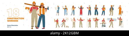 Construction workers set, repair service employees, builders, repairmen and renovation foremen. Male and female characters in uniform with professional tools Isolated line art flat vector illustration Stock Vector