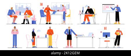 Job vacancy and recruitment concept with people candidates and hr managers in office. Business employment, human resources. Vector flat illustration of company workers hiring staff Stock Vector