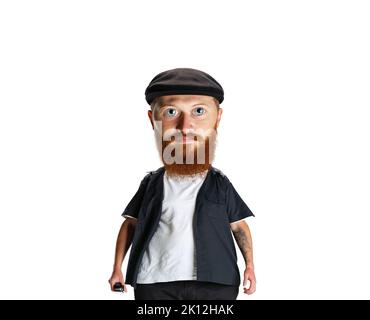 Comic portrait of stylish red-bearded man, barber in black cap looking at camera isolated over white background. Funny meme emotions Stock Photo