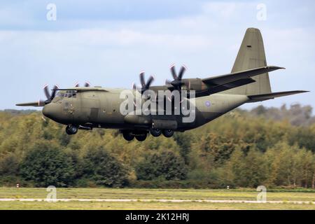 British Royal Air Force Lockheed C-130J Hercules C.4 transport plane landing on Eindhoven airbase. The Netherlands - September 14, 2022 Stock Photo