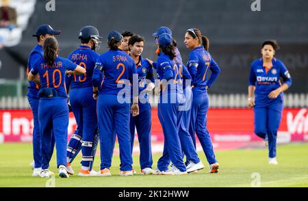 India's Deepti Sharma (centre) celebrates a wicket in the second Vitality IT20 Series between England and India Stock Photo