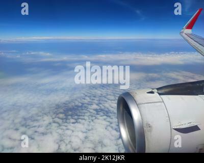 Airplane Wing shooting through the window aircraft during flight with a blue Sky. Stock Photo