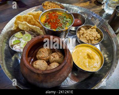 Special Dal Bati Thali From Shree Baba Ramdev Dhaba, Plot No.67, Behind Bhakti Shakti Garden, Sector Number 23, Shree Vihar, Transport Nagar, Nigdi, P Stock Photo