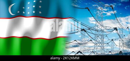 Uzbekistan - country flag and electricity pylons - 3D illustration Stock Photo