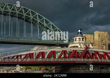 Mid shot of Tyne and Swing Bridge over the River Tyne, Newcastle Stock Photo