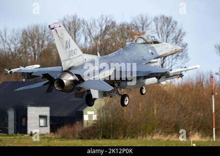 Aviano Base US Air Force F-16C fighter jet from 510th Fighter Squadron Buzzards arriving at Leeuwarden Air Base. The Netherlands - March 30, 2022 Stock Photo