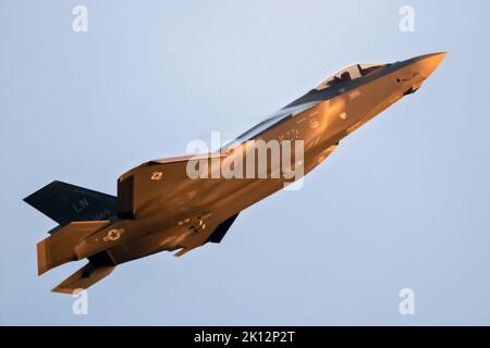 US Air Force 495th Fighter Squadron Lockheed Martin F-35 Lightning II combat aircraft from Lakenheath Airbase flying during the Sanicole Evening Air S Stock Photo