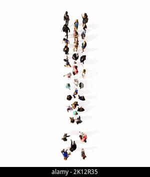 Concept or conceptual large community of people forming the ! font. 3d illustration metaphor for unity and diversity, humanitarian, teamwork, cooperat Stock Photo