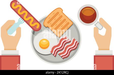 Breakfast top view. Morning coffee and fried egg with bacon dish Stock Vector
