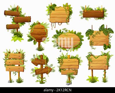 Square wooden sign in the jungle. Stands on a stick in the grass. Empty ...