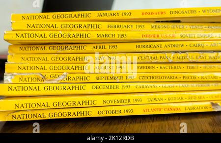 National Geographic magazines from 1993 stacked Stock Photo