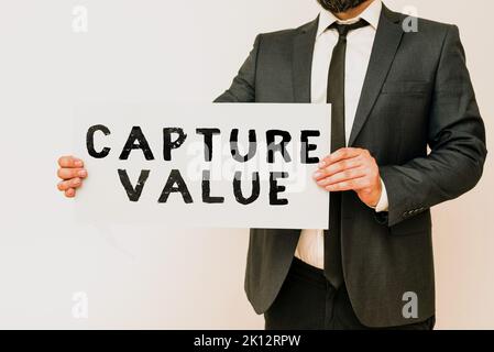 Text sign showing Capture Value. Business overview Customer Relationship Satisfy Needs Brand Strength Retention Stock Photo