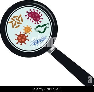 Microbes under magnifying glass. Biology research color icon Stock Vector