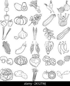 Vegetables Hand Drawn Doodle Line Art Outline Set Containing Avocado, Artichoke, Asparagus, Corn, Mushroom, Broccoli, Cauliflower, Cucumber, Bell pepp Stock Vector