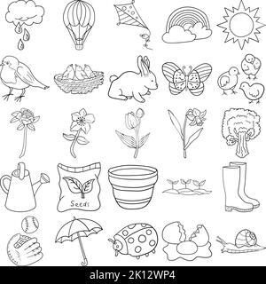 Spring Hand Drawn Doodle Line Art Outline Set Containing Kite, Butterfly, Rabbit, Baseball, Chicks, Egg, Rose, Ladybug, Robin, Rain, Sun, Umbrella, Ba Stock Vector