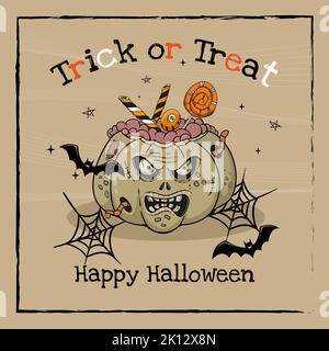 text Trick or Treat and Happy Halloween spider web bats stars and zombie pumpkin with candy in the brain Stock Vector