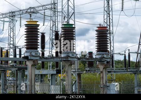 High voltage circuit breaker in a power substation. Stock Photo