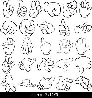 Cartoon Hand Hand-Drawn Doodle Line Art Outline Set Containing fist, grip, palm, peach man, a-ok, a-hole, dislike, high-five, talk to the hand Stock Vector