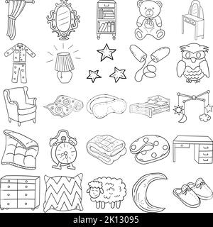 Bedroom Hand Drawn Doodle Line Art Outline Set Containing Bed, Carpet, Cushion, Blanket, Slippers, Alarm clock, Chest of drawers, Curtain, Lampshade Stock Vector
