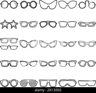 Glasses Hand Drawn Doodle Line Art Outline Set Containing Glasses, sunglasses, eyeglasses, spectacles, Round Frame, Oval Frame, Boston Model Frame Stock Vector