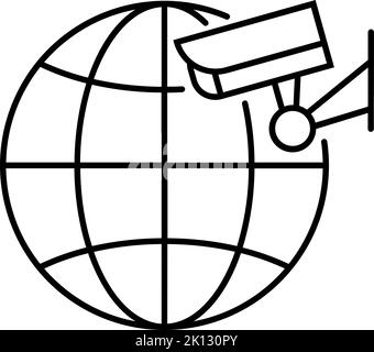 World and CCTV camera icon in thin outline. Vector illustration. Stock Vector